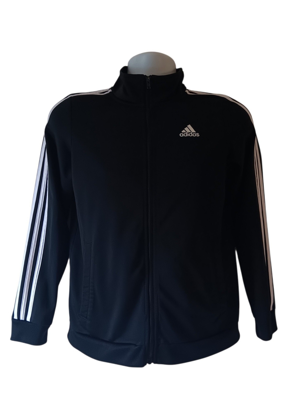 Adidas boys black/white 3 stripes full zip polyester track jacket size L(14/16)